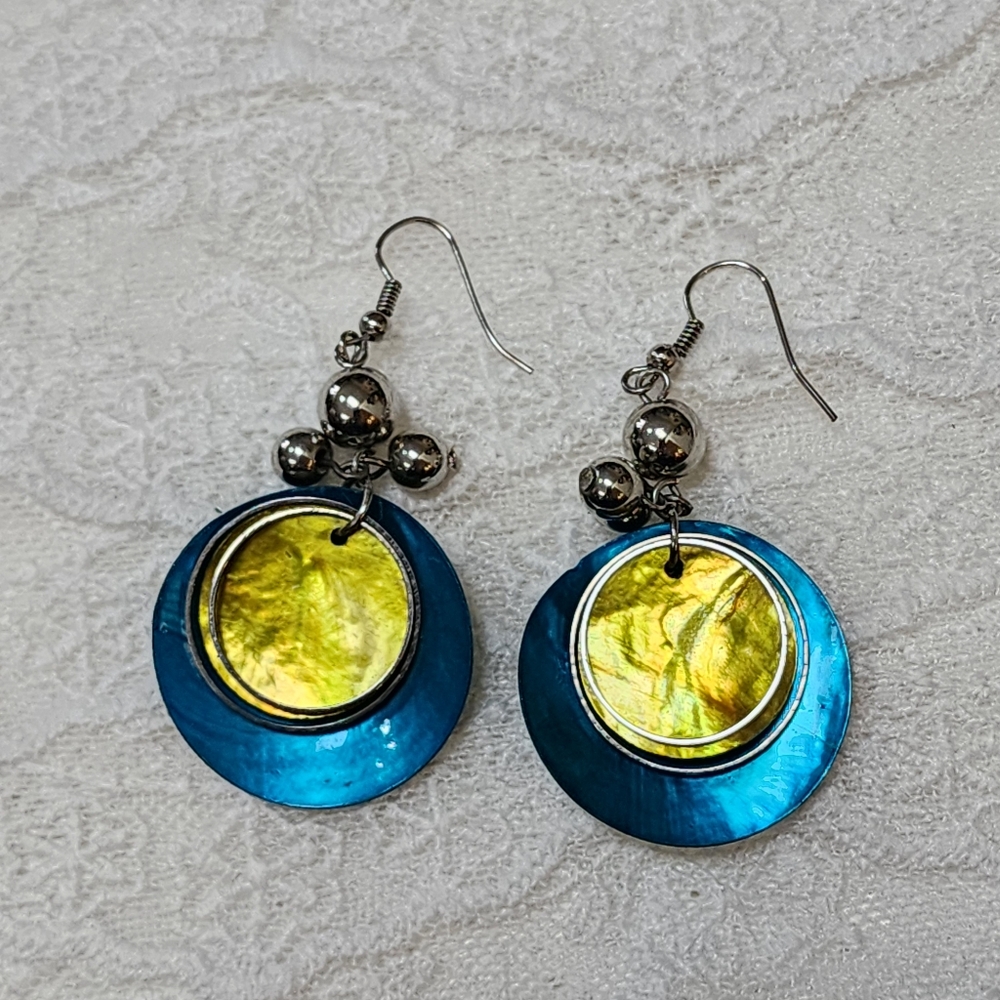 Silver Toned Faux Turquois Blue and Yellowish Green Shell Dangle Hook Earrings